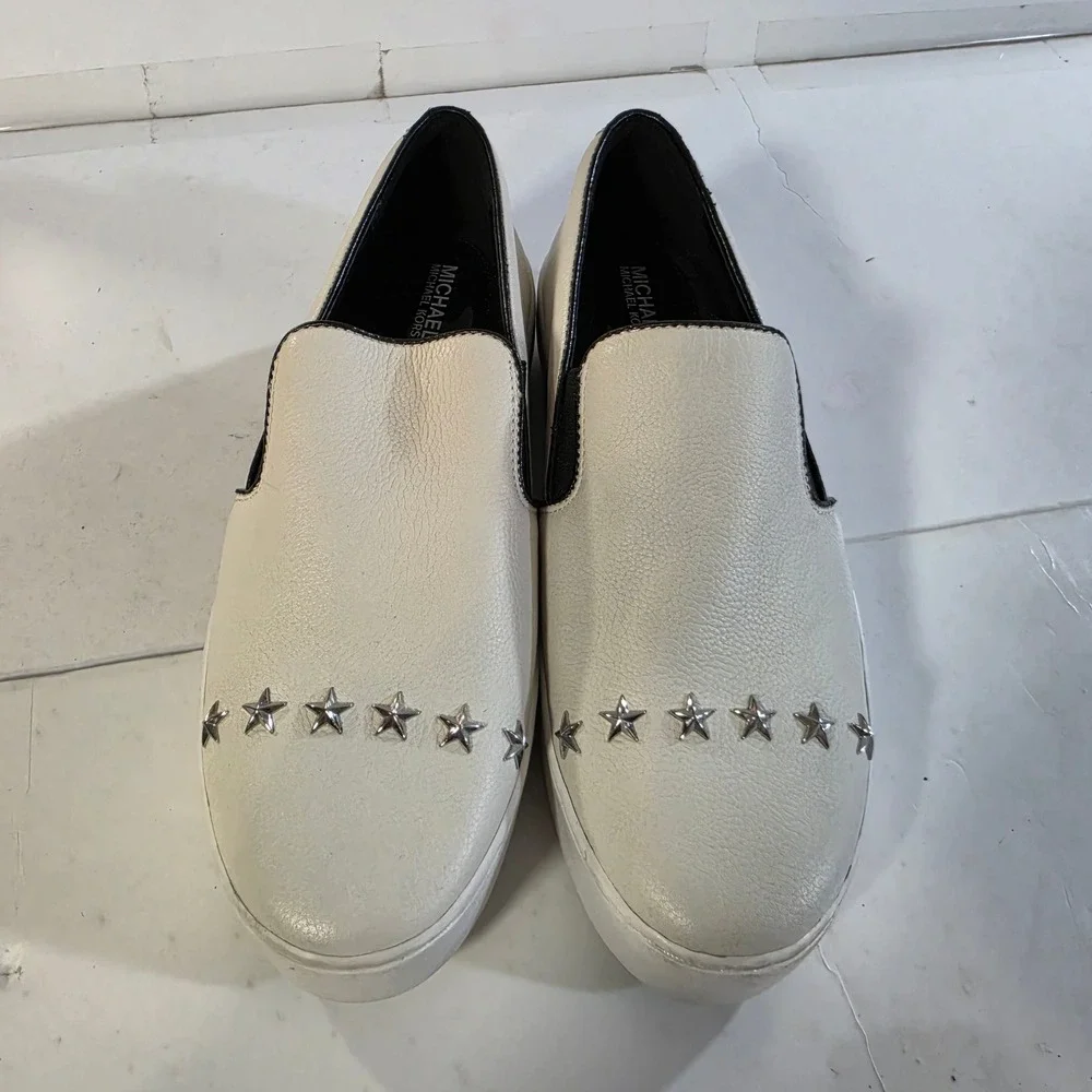 Michael Kors Keaton Star Studded Leather Slip On Platform Sneakers White 8M